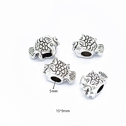 Antique Silver Alloy European Beads, Large Hole Beads, Fish, Antique Silver, 15x9mm, Hole: 5mm