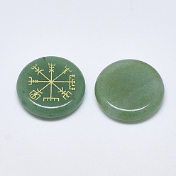 Green Aventurine Natural Green Aventurine Cabochons, Flat Round with Nordic Pagan Pattern, 25x5.5mm