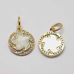 Real 18K Gold Plated Brass Cubic Zirconia Charms, with Synthetic Opal, Flat Round, Cadmium Free & Lead Free, Real 18K Gold Plated, 16x13.5x2mm, Hole: 4.5mm