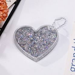 Silver Heart Acrylic Quicksand Keychain, Glitter Chasing Pendant Decorations Sticker Keychain, with Ball Chains, Silver, 65x50mm
