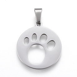 Stainless Steel Color 304 Stainless Steel Pendants, Cut-Out, Flat Round with Dog Footprints, Stainless Steel Color, 25x22x1.2mm, Hole: 4x7.5mm