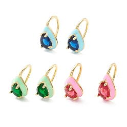 Mixed Color Teardrop Cubic Zirconia Dangle Earrings with Enamel for Women, Real 18K Gold Plated Brass Earrings, Cadmium Free & Nickel Free & Lead Free, Mixed Color, 15.5x9mm, Pin: 1mm