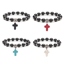 Mixed Color Dyed Synthetic Turquoise Cross Charm Bracelets, Natural Rosewood & Non-magnetic Synthetic Hematite Beaded Stretch Bracelet for Men Women, Mixed Color, 1/8~3/8 inch(0.45~0.85cm), Inner Diameter: 2 inch(5cm)