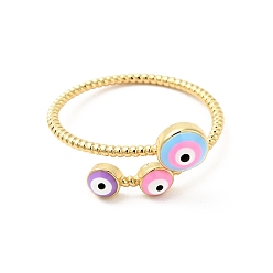 Pearl Pink Enamel Evil Eye Open Cuff Rings, Real 18K Gold Plated Brass Jewelry for Women, Cadmium Free & Nickel Free & Lead Free, Pearl Pink, US Size 7 3/4(17.9mm)