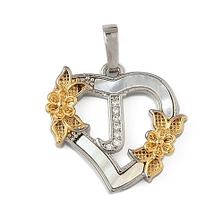 Letter J Латунь микропаве фианиты с подвесками-ракушками, Сердце и письмо, долговечный, без свинца и без кадмия, стойки покрытие, буква J, 20x20.5x3 мм, отверстие : 3.5x5 мм