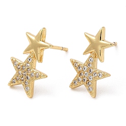 Real 18K Gold Plated Rack Plating Brass Star Stud Earrings with Cubic Zirconia, Lead Free & Cadmium Free, Real 18K Gold Plated, 14x9mm