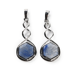 Синий Авантюрин Природные голубые авантюрин подвески, покрытие стойки латунные шестигранные подвески, без свинца и без кадмия, платина, 37.5x17x4.5~5 мм, отверстие : 6.5x5 мм