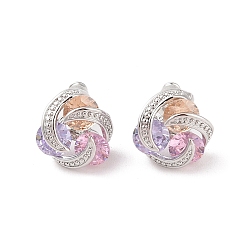 Разноцветный Серьги-гвоздики из латуни с микропаве из кубического циркония, долговечный, цветок, платина, красочный, 13x12 мм