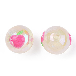 Hot Pink UV Plating Opaque Acrylic Beads, Imitation Jelly, with Enamel, Round with Fruit Pattern, Hot Pink, 16mm, Hole: 2.5mm