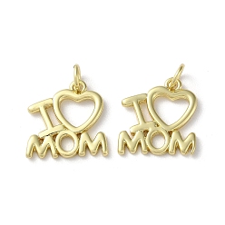 Real 18K Gold Plated Mother's Day Rack Plating Brass Charms, with Jump Ring, Cadmium Free & Lead Free, Long-Lasting Plated, Word I Love Mom Charm, Real 18K Gold Plated, 14.5x14.5x1.5mm, Hole: 3.2mm