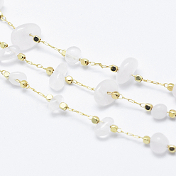 Rose Quartz Handmade Natural Rose Quartz Beaded Chains, Soldered, with Spool, Brass Chains and Brass Beads, Long-Lasting Plated, Real 18K Gold Plated, 4~14x4~11x2~7mm, Brass Beads: about 2x2x2mm, about 32.8 Feet(10m)/roll