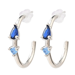Средно-синий Серьги-гвоздики из платиновой латуни, серьги-полукольца с прозрачными фианитами, долговечный, без свинца и без кадмия, светло-синий, 20x4 мм