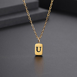 Letter U Titanium Steel Rectangle with Initial Letter Pendant Necklace with Cable Chains for Women, Golden, Letter.U, 17.72 inch(45cm)