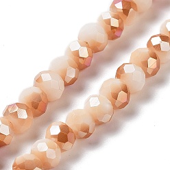 PeachPuff Electroplate Opaque Solid Color Glass Beads Strands, Half Plated, Rainbow Plated, Faceted, Rondelle, PeachPuff, 6x5mm, Hole: 1mm, about 85~88pcs/strand, 16.1~16.5 inch(41~42cm)