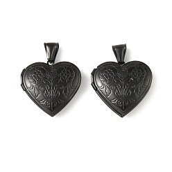 Черный 316 подвески из нержавеющей стали Locket, сердце с цветочным шармом, с 304 защелкой из нержавеющей стали на поручнях, долговечный, ионное покрытие (ip), чёрные, 28.5x28.5x7.5 мм, отверстие : 8.5x4 мм, внутренний диаметр: 21.5x20.5 мм