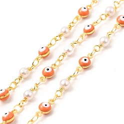 Dark Orange Enamel Evil Eye Link Chains, with Imitation Pearl Beaded & Brass Findings, Soldered, Real 18K Gold Plated, with Spools, Dark Orange, 4.5x9.5x4mm, 13x4mm