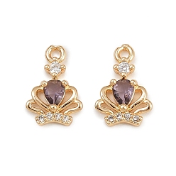 Фиолетовый Латунные микро проложить кубического циркония подвески, корона прелести, реальный 18 k позолоченный, фиолетовые, 11.5x8x3 мм, отверстие : 1 мм