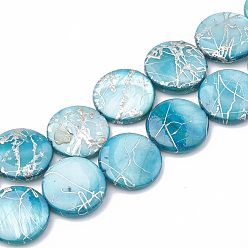 Turquoise Freshwater Shell Beads Strands, Dyed with Drawbench, Flat Round, Turquoise, 14~14.5x2~3mm, Hole: 0.8mm, about 29~30pcs/strand,14.9 inch