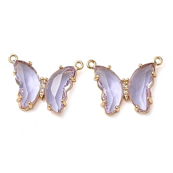 Lilac Brass Pave Faceted Glass Connector Charms, Golden Tone Butterfly Links, Lilac, 17.5x23x5mm, Hole: 0.9mm