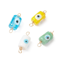 Mixed Color Handmade Evil Eye Column Lampwork Connector Charms, with Light Gold Plated Copper Wire Double Loops, Mixed Color, 25x9.5mm, Hole: 2.5~3mm
