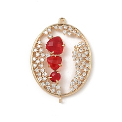 Красный Подвески-коннекторы из латуни с микропаве из прозрачного кубического циркония и стекла в форме овала, реальный 18 k позолоченный, стойки покрытие, долговечный, без кадмия и без свинца, красные, 27.5x38.5x5 мм, отверстие : 1.2 мм