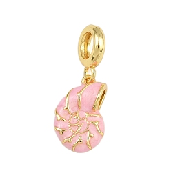 Pink Латунные эмалированные европейские подвески с подвесками, подвески с большими отверстиями в форме раковины, реальный 18 k позолоченный, стойки покрытие, долговечный, без кадмия и без свинца, розовые, 27.5 мм, отверстие : 5.5 мм