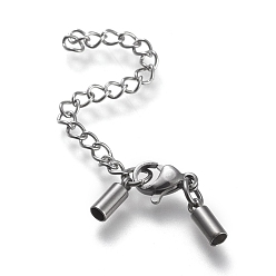 Stainless Steel Color 304 Stainless Steel Chain Extender, with Cord Ends, Curb Chains and Lobster Claw Clasps, Stainless Steel Color, 30mm long, Cord Ends: 8.5x3mm, 2.4mm inner diameter