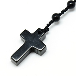 Black Agate Natural Black Agate Pendant Necklaces, with Polyester Braided Rope, Cross, (730~750mm)28.74 inch~29.53 inch