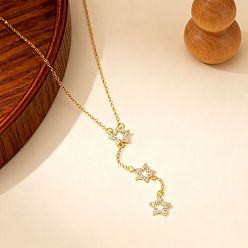 Золотой Подвеска-колье из латуни с микропаве из прозрачного кубического циркония в виде тройной звезды для женщин., золотые, 15.75 дюйм (40 см)