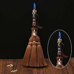 Quartz Wood Witch Broom with Synthetic Quartz Pendant Decorations, for Interior Car Mirror Hanging Decorations, 240~290mm