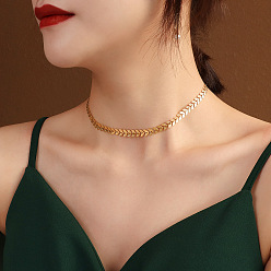 P362 - Golden Necklace 35+5cm Élégant collier de feuilles de blé et boucles d'oreilles en perles en acier titane plaqué or 14 carats