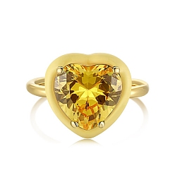 Yellow 925 Sterling Silver Finger Rings, Birthstone Ring, Real 18K Gold Plated, with Enamel & Cubic Zirconia for Women, Heart, Yellow, US Size 6(16.5mm)