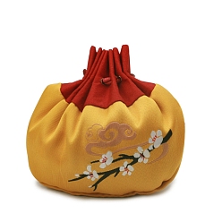 Gold Chinese Style Brocade Cloth Pouches, Drawstring Bag, Oval with Floral Pattern, Gold, 36cm, Bag: 13x8cm