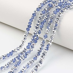 Steel Blue Electroplate Transparent Glass Beads Strands, Half Silver Plated, Faceted, Rondelle, Steel Blue, 3x2mm, Hole: 0.8mm, about 150~155pcs/strand, 15~16 inch(38~40cm)
