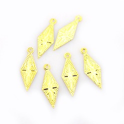 Золотой Латунные филигранные подвески, ромб, золотые, 21x7.5x1.5 мм, отверстие : 1 мм