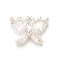 Silver Clear Glass Pendnants, with Brass Findings, Butterfly Charms, Silver, 9.5x11x3mm, Hole: 1.2mm