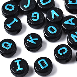 Deep Sky Blue Opaque Black Acrylic Beads, Flat Round with Random Letters, Deep Sky Blue, 9.5x6mm, Hole: 2mm, about 1550pcs/500g