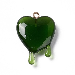 Olive Drab Transparent Resin Pendants, with Light Gold Iron Loops, Melting Heart Charms, Olive Drab, 30~30.5x21~21.5x7mm, Hole: 1.6mm