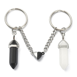 Mixed Stone Natural Black Obsidian & White Jade Bullet Keychain, Alloy Magnetic Heart Clasp Couple Keychain, with Iron Split Key Rings, 7.05cm, 2pcs/set