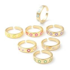 Mixed Color Brass Enamel Cuff Rings, Open Rings, Flower, Golden, Mixed Color, US Size 6, Inner Diameter: 17mm