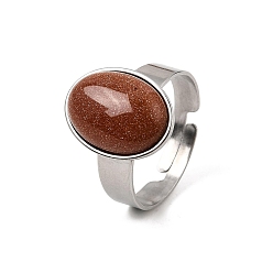 Goldstone Adjustable 304 Stainless Steel Finger Rings for Women, with Synthetic Goldstone, Oval, Stainless Steel Color, 17mm