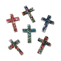 Mixed Color Transparent Resin Pendants, Religion Cross Charms, with Natural Opal and Dyed Imperial Jasper, Mixed Color, 49x34.5x4mm, Hole: 1.5mm