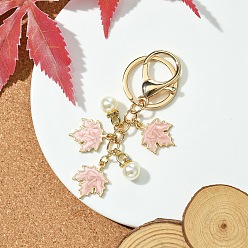 Розовый Брелок из эмалевого сплава, с пластиковыми подвесками из искусственного жемчуга, железное кольцо и застежки-когти из сплава, кленового листа, туманная роза, 9.5 см