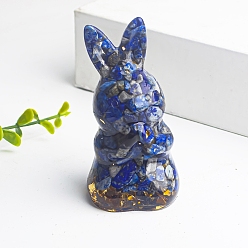 Lapis Lazuli Resin Rabbit Display Decoration, with Gold Foil Natural Lapis Lazuli Chips inside Statues for Home Office Decorations, 40x40x73mm