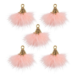 Pink Décorations pendantes de pompon en fausse fourrure de vison, avec les accessoires en alliage d'or antique, rose, 20~30x28~30mm, Trou: 1.8mm