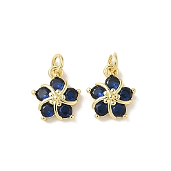 Синий Латунные подвески с фианитами, долговечный, реальный 18 k позолоченный, цветок, синие, 12.5x10.5x4 мм, отверстие : 3.5 мм, Перейти кольцо: 5x0.75 мм