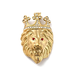 Golden Ion Plating(IP) 304 Stainless Steel Pendants, with Rhinestone, Lion with Crown, Golden, 48.5x31x16mm, Hole: 4x7mm