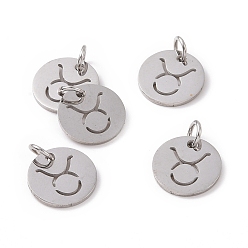 Taurus 304 Stainless Steel Charms, Flat Round with Constellation/Zodiac Sign, Taurus, 12x1mm, Hole: 3mm