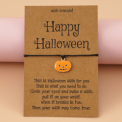 Yellow 0976 Spooky Pumpkin Skeleton Charm Bracelet & Card Set with Smiling Orange Faces - Halloween Jewelry