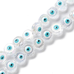 White Transparent Evil Eye Glass Beads Strands, with Enamel, Faceted, Flat Round, White, 10x8~8.5mm, Hole: 1.4mm, about 40pcs/strand, 14.57''(37cm)